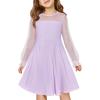 Haloumoning Girls Contrast Mesh Long Sleeve High Waist A Line Short Dress with Pockets 4-14 Years(Purple)