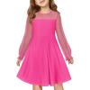 Haloumoning Girls Contrast Mesh Long Sleeve High Waist A Line Short Dress with Pockets 4-14 Years(Rose Red)