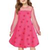 Haloumoning Girls Contrast Mesh Long Sleeve High Waist A Line Short Dress with Pockets 4-14 Years(Rose Red1)