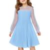 Haloumoning Girls Contrast Mesh Long Sleeve High Waist A Line Short Dress with Pockets 4-14 Years(Sky Blue)