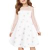 Haloumoning Girls Contrast Mesh Long Sleeve High Waist A Line Short Dress with Pockets 4-14 Years(White)