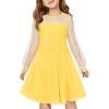 Haloumoning Girls Contrast Mesh Long Sleeve High Waist A Line Short Dress with Pockets 4-14 Years(Yellow)