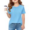 Haloumoning Girls Pleated T Shirts Kids Summer Short Sleeve Fashion Tops Tees 5-14 Years(Blue)