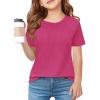 Haloumoning Girls Pleated T Shirts Kids Summer Short Sleeve Fashion Tops Tees 5-14 Years(Hot Pink)
