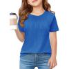 Haloumoning Girls Pleated T Shirts Kids Summer Short Sleeve Fashion Tops Tees 5-14 Years(Royal Blue)