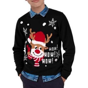 Boys Christmas Sweater Kids Crewneck Reindeer Santa Snowman Holiday Pullover Sweaters 5-14 Years(Reindeer-black)