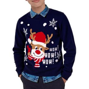 Boys Christmas Sweater Kids Crewneck Reindeer Santa Snowman Holiday Pullover Sweaters 5-14 Years(Reindeer-navy)