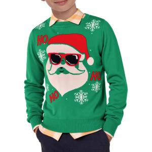 Boys Christmas Sweater Kids Crewneck Reindeer Santa Snowman Holiday Pullover Sweaters 5-14 Years(Santa-green)
