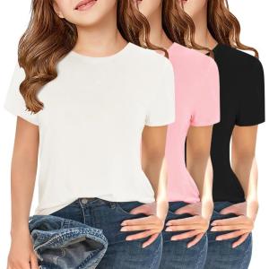 Girls Short Sleeve T Shirts Kids Summer Tops Crewneck Tees 5-14 Years(3 Pack Black/White/Pink)