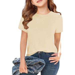 Girls Short Sleeve T Shirts Kids Summer Tops Crewneck Tees 5-14 Years(Beige)
