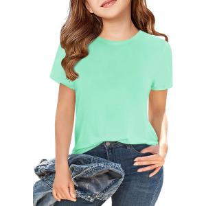 Girls Short Sleeve T Shirts Kids Summer Tops Crewneck Tees 5-14 Years(Green)