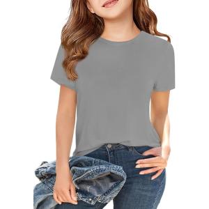 Girls Short Sleeve T Shirts Kids Summer Tops Crewneck Tees 5-14 Years(Grey)