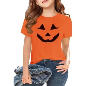 Girls Short Sleeve T Shirts Kids Summer Tops Crewneck Tees 5-14 Years(Halloween-orange)