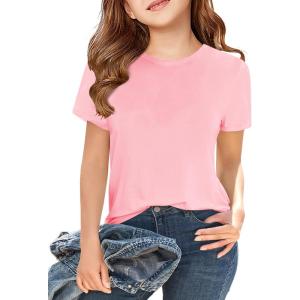 Girls Short Sleeve T Shirts Kids Summer Tops Crewneck Tees 5-14 Years(Pink)