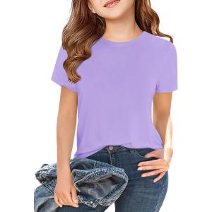 Girls Short Sleeve T Shirts Kids Summer Tops Crewneck Tees 5-14 Years(Purple)