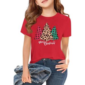 Girls Short Sleeve T Shirts Kids Summer Tops Crewneck Tees 5-14 Years(Xms-red)