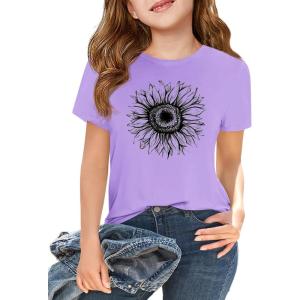 Girls Short Sleeve T Shirts Kids Summer Tops Crewneck Tees 5-14 Years(Z2-lilac Purple)