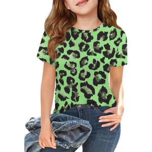 Girls Short Sleeve T Shirts Kids Summer Tops Crewneck Tees 5-14 Years(Z3-green Leopard)