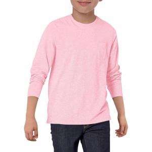 Haloumoning Boys Long Sleeve Shirts Kids Crewneck T Shirts Casual Tops Tees with Chest Pocket 5-14 Years(Pink)