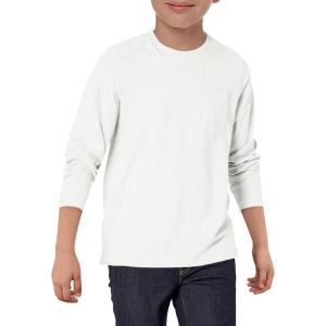 Haloumoning Boys Long Sleeve Shirts Kids Crewneck T Shirts Casual Tops Tees with Chest Pocket 5-14 Years(White)