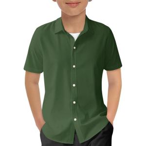 Haloumoning Boys Short Sleeve Dress Shirts Kids Summer School Uniform Button Down Shirt 5-14 Years(Army Green)