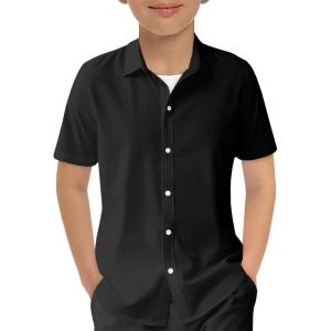Haloumoning Boys Short Sleeve Dress Shirts Kids Summer School Uniform Button Down Shirt 5-14 Years(Black)