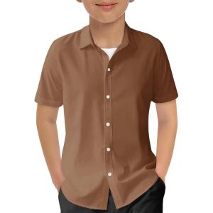 Haloumoning Boys Short Sleeve Dress Shirts Kids Summer School Uniform Button Down Shirt 5-14 Years(Brown)