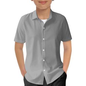 Haloumoning Boys Short Sleeve Dress Shirts Kids Summer School Uniform Button Down Shirt 5-14 Years(Gray)