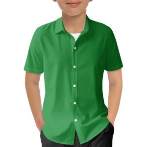 Haloumoning Boys Short Sleeve Dress Shirts Kids Summer School Uniform Button Down Shirt 5-14 Years(Green)