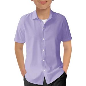 Haloumoning Boys Short Sleeve Dress Shirts Kids Summer School Uniform Button Down Shirt 5-14 Years(Light Purple)
