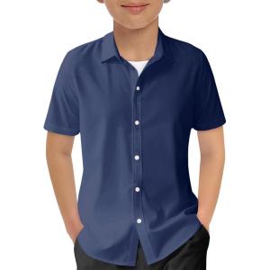 Haloumoning Boys Short Sleeve Dress Shirts Kids Summer School Uniform Button Down Shirt 5-14 Years(Navy Blue)