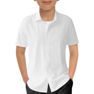 Haloumoning Boys Short Sleeve Dress Shirts Kids Summer School Uniform Button Down Shirt 5-14 Years(White)