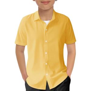 Haloumoning Boys Short Sleeve Dress Shirts Kids Summer School Uniform Button Down Shirt 5-14 Years(Yellow)