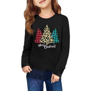 Haloumoning Girls Christmas Long Sleeve T Shirts Kids Ugly Crewneck Fringe Tops Xmas Tree Tees 5-14Y(Black)