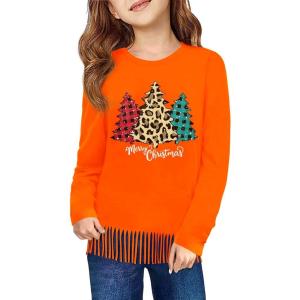 Haloumoning Girls Christmas Long Sleeve T Shirts Kids Ugly Crewneck Fringe Tops Xmas Tree Tees 5-14Y(Orange)