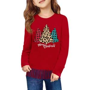 Haloumoning Girls Christmas Long Sleeve T Shirts Kids Ugly Crewneck Fringe Tops Xmas Tree Tees 5-14Y(Red)