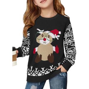 Haloumoning Girls Christmas Sweater Kids Long Sleeve Chunky Knit Sweaters Pullover Jumper Tops 5-14 Years(Black)
