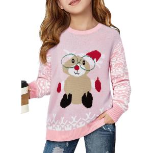 Haloumoning Girls Christmas Sweater Kids Long Sleeve Chunky Knit Sweaters Pullover Jumper Tops 5-14 Years(Pink)