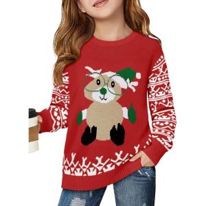 Haloumoning Girls Christmas Sweater Kids Long Sleeve Chunky Knit Sweaters Pullover Jumper Tops 5-14 Years(Red)