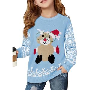 Haloumoning Girls Christmas Sweater Kids Long Sleeve Chunky Knit Sweaters Pullover Jumper Tops 5-14 Years(Sky Blue)