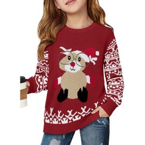 Haloumoning Girls Christmas Sweater Kids Long Sleeve Chunky Knit Sweaters Pullover Jumper Tops 5-14 Years(Wine Red)