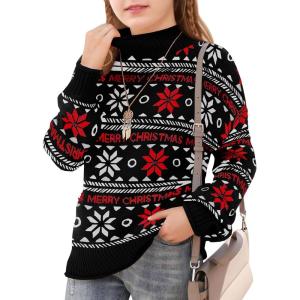 Haloumoning Girls Christmas Sweaters Kids Mock Neck Long Sleeve Pullover Sweater Knit Jumper Tops 5-14 Years(Black)