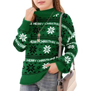 Haloumoning Girls Christmas Sweaters Kids Mock Neck Long Sleeve Pullover Sweater Knit Jumper Tops 5-14 Years(Green)