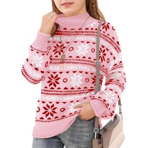 Haloumoning Girls Christmas Sweaters Kids Mock Neck Long Sleeve Pullover Sweater Knit Jumper Tops 5-14 Years(Pink)