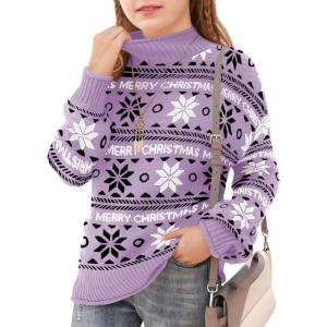 Haloumoning Girls Christmas Sweaters Kids Mock Neck Long Sleeve Pullover Sweater Knit Jumper Tops 5-14 Years(Purple)