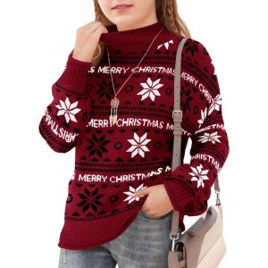 Haloumoning Girls Christmas Sweaters Kids Mock Neck Long Sleeve Pullover Sweater Knit Jumper Tops 5-14 Years(Red)