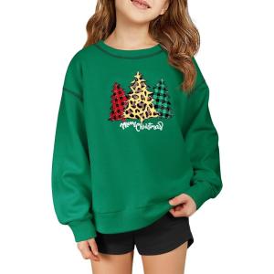 Haloumoning Girls Christmas Sweatshirt Kids Long Sleeve Crewneck Ugly Shirts Xmas Pullover Tops 5-14Y(Dark Green)