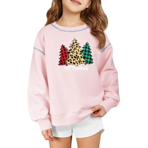 Haloumoning Girls Christmas Sweatshirt Kids Long Sleeve Crewneck Ugly Shirts Xmas Pullover Tops 5-14Y(Light Pink)