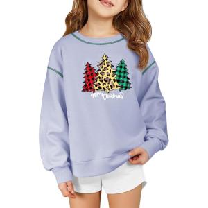Haloumoning Girls Christmas Sweatshirt Kids Long Sleeve Crewneck Ugly Shirts Xmas Pullover Tops 5-14Y(Light Purple)
