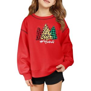 Haloumoning Girls Christmas Sweatshirt Kids Long Sleeve Crewneck Ugly Shirts Xmas Pullover Tops 5-14Y(Red)